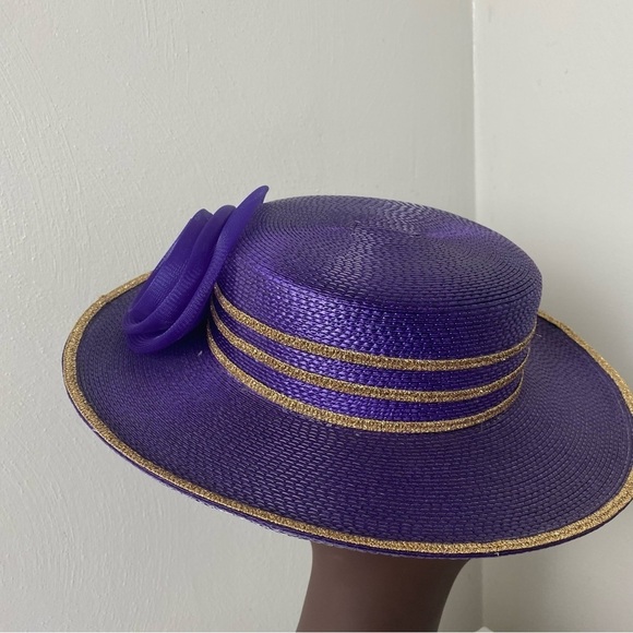 Derby Style Purple Sparkly Metallic Gold Trim Women Church Hat with Bow main image 12